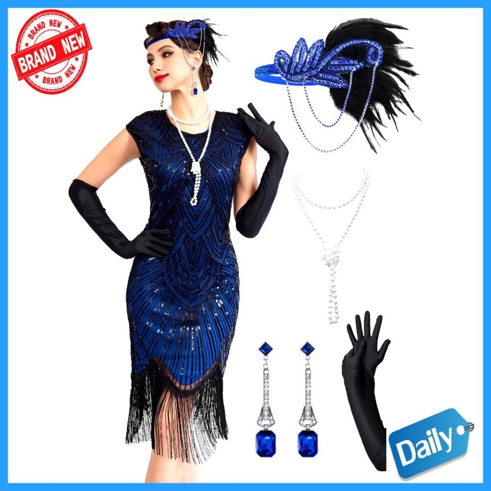 Sequin Fringe Flapper Dress Set with Accessories 1920s Gatsby Costume